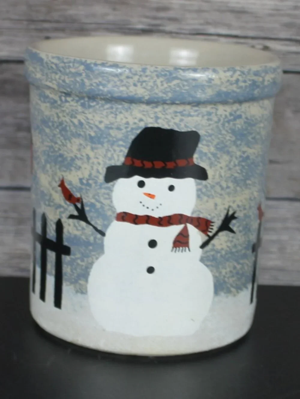 Vintage R.R.P. Co. Roseville Ohio Snowman Stenciled Stoneware Crock Jar 1994